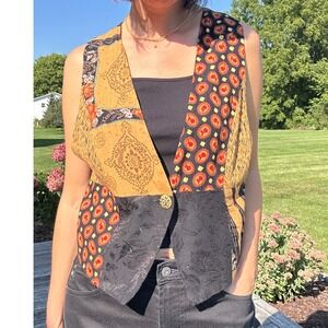 Vintage 90s Christina James Patchwork Vest Boho Festival Brown Black Medium Larg